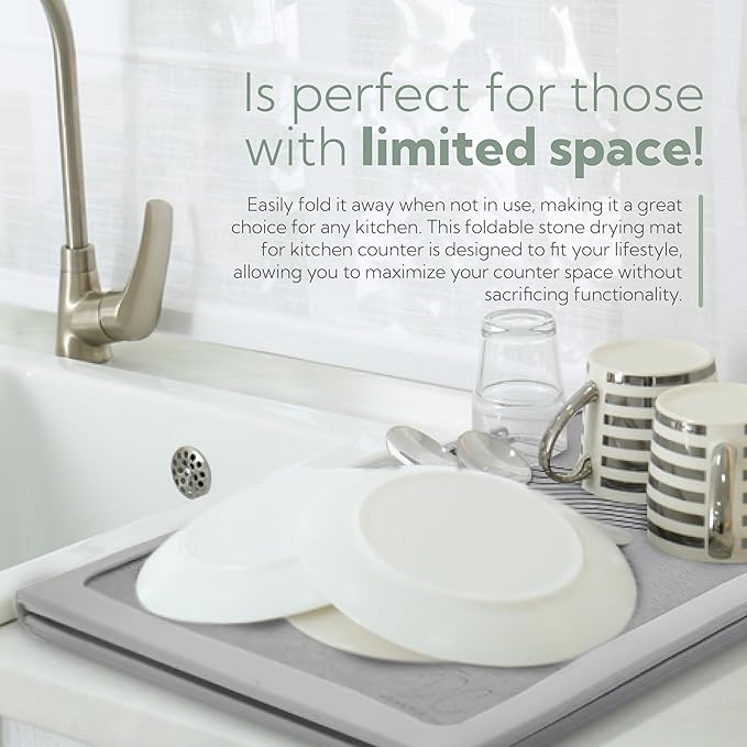 DON & CLAIRE Stone Dish Drying Mat for Kitchen Counter - Quick Drying, Super Absorbent, Non-Slip Mat for Dishes, Glassware, Fast Dry Stone Mat for Kitchen Sink, Easy to Clean | (21.5" x 16.3", Grey)