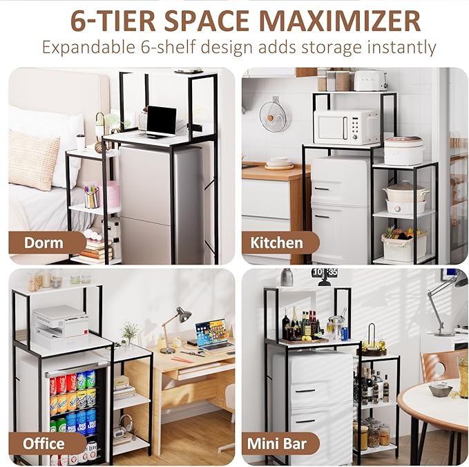 Mini Fridge and Microwave Stand Over Refrigerator Storage Shelf with Power Outlet, 5 Tiers Adjustable Bakers Rack Cabinet Coffee Bar Appliance Organizer for Dorm Office,Marble-Look
