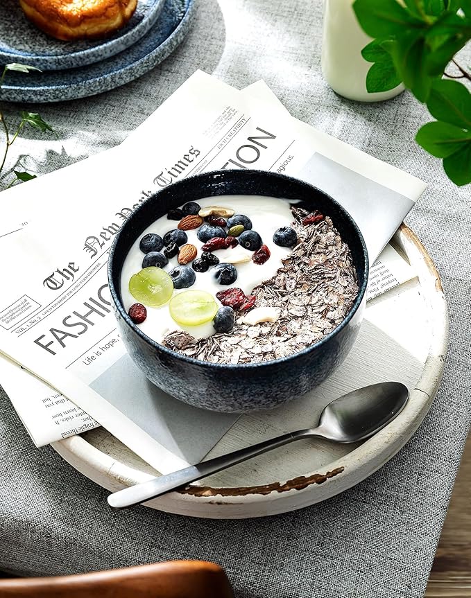 S&Q'S CERAMICS Cereal Bowls - 36 Ounce, Japanese Noodle Bowl Set, Ceramic Bowls for Kitchen, Breakfast, Oatmeal, Microwave and Dishwasher Safe, [Set of 4], Dark Blue