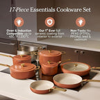Our Place 17-Piece Essentials Complete Cookware Set - Ceramic Fry Pans, Saucepans, Sauté Pan, Stock Pot, Strainer Basket & Modular Storage | Thermakind™ Nonstick, Oven Safe up to 450°F | Terracotta