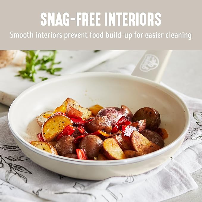 GreenLife Soft Grip 16 Piece Cookware Set, Non-Toxic PFAS-Free Ceramic Nonstick, Frying, Sauce, Saute, Utensils, Glass Lids, Stay-Cool Handles, Wobble Free, Dishwasher & Oven Safe, Cream