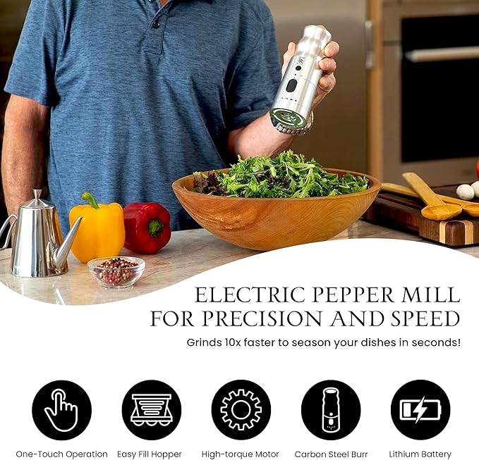 BLACK RAIN Pepper Mill Grinder, Adjustable Coarseness, Rechargeable Pepper Grinder with LED Light, Heavy Duty Professional Grade Electric Peppercorn Grinder (Matte Black)