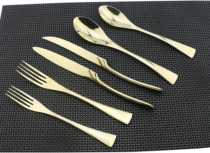 Flatware Set 18/10 Stainless Steel Mirror Polished Champagne gold Cutlery - Silverware Utensil Set of Steak Knife Dinner Fork Knife Spoon Salad Fork Dessert Spoon,24 Piece Service for 4