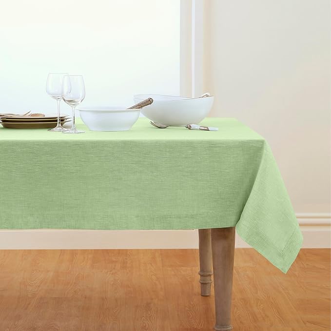 Solino Home Linen Tablecloth 60 x 90 Inch - 100% Pure Linen Chambray Green Table Cloth for Rectangle Tables - Athena, Machine Washable Tablecloth for Summer