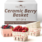 Ceramic Berry Basket, Farmhouse Colander, Strawberry Decor, Fruit Bowls, Fruit Baskets, Kawaii Strawberry Kitchen bowl, Pink White and Cute Strawberry pattern Stoneware Harvest Square Bowls Set of 4