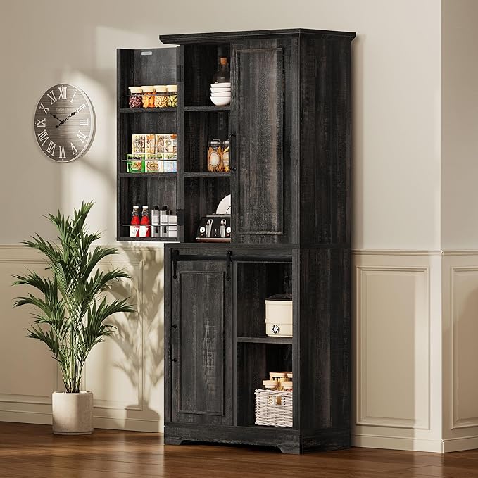 YITAHOME Pantry Cabinet, 71-Inch Tall Freestanding Storage Cabinet with 4 Drawers, Farmhouse Cupboard with Doors Storage, Adjustable Shelves, for Living Room, Dining Room, Black Oak