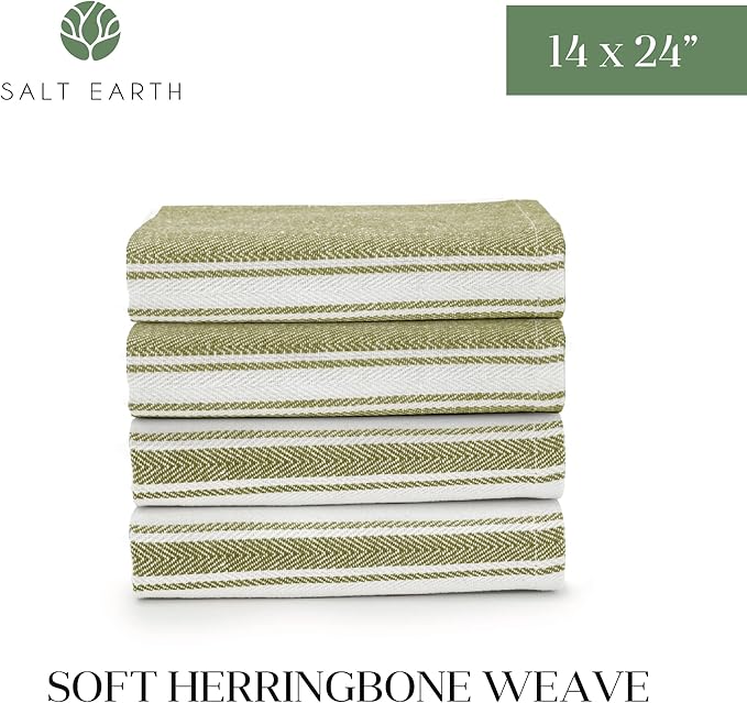 Salt Earth Kitchen Towels Cotton Dish Towel Size 24x14 Inches Set of 4 100% Ring Spun Cotton Absorbent Quick Dry Herringbone Weave Lint Free Washable Dishcloth Hanging Loop Color White & Green Stripe