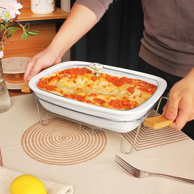 12" x 8" Ceramic Casserole Baking Dish With Glass cover and rack, Lasagna Pan Deep for Oven, 2.2 Quarts Baking Pan with Handles, Oven Safe&Durable Bakeware for Home Decor