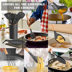 E-far Gray Cooking Utensils Set with Holder, 25-Piece Silicone Kitchen Utensil Set with Wooden Handle for Nonstick Cookware, 446°F Heat Resistant Kitchen Tool Spatula Tongs Whisk, Non-toxic & Healthy