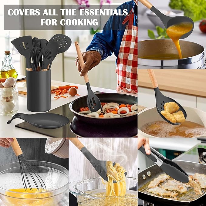 E-far Gray Cooking Utensils Set with Holder, 25-Piece Silicone Kitchen Utensil Set with Wooden Handle for Nonstick Cookware, 446°F Heat Resistant Kitchen Tool Spatula Tongs Whisk, Non-toxic & Healthy