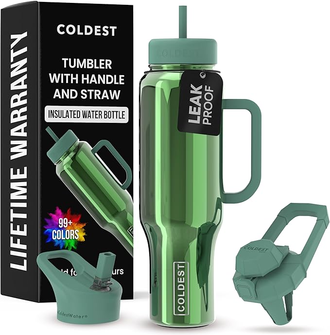 Coldest Tumbler with Handle and Straw, 100% Spill Proof Tumbler with Straw (3 Lids), Stainless Steel Insulated Leakproof Tumblers for Women Men, Cup Holder Friendly, 46 oz (Avocado Reflections)