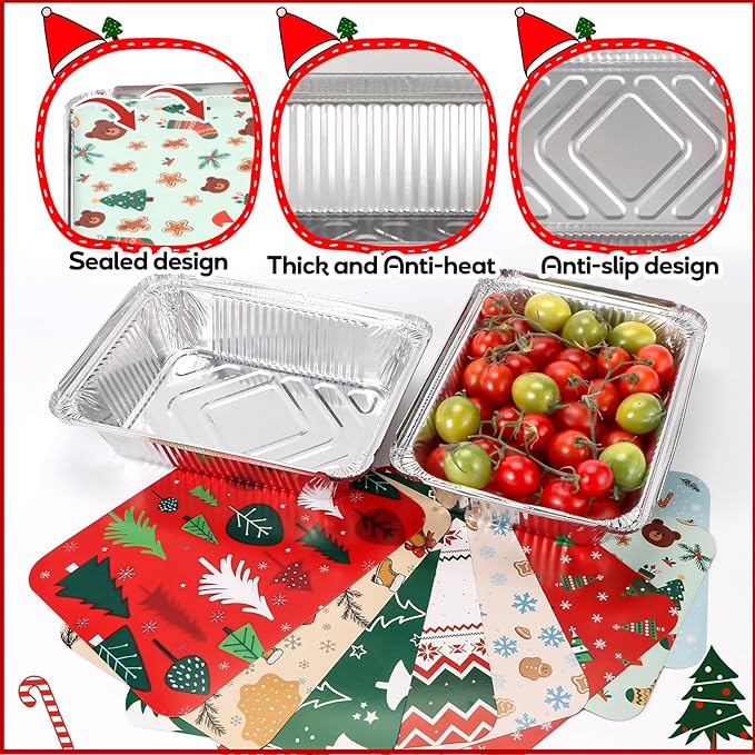 Atonofun 48 Pieces Christmas Foil Containers with Lids, 8 Holiday Designs, Holiday Food Containers, Disposable Cookie Tin Pan for Holiday Leftovers, Xmas Gift-Giving Party Supplies