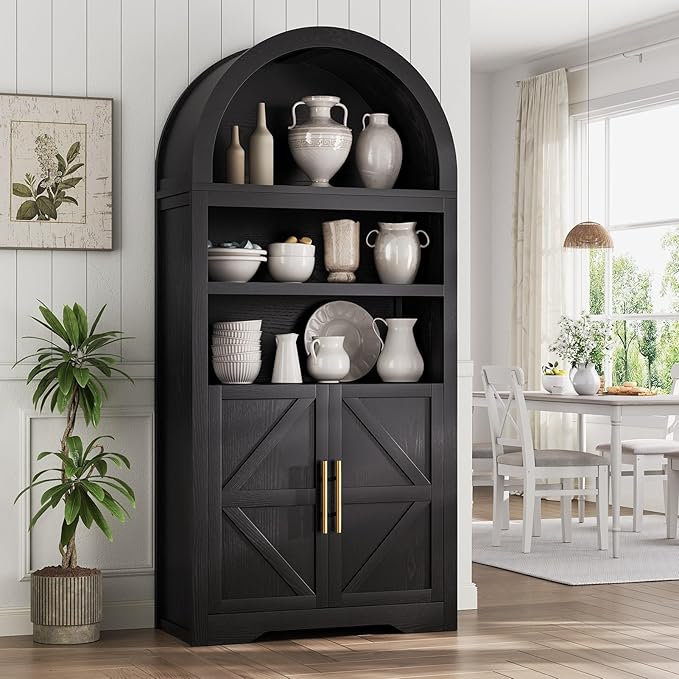 Kitchen Pantry Cabinet, Arched Bookshelf Bookcase China Pantry Storage Cabinet with Doors and Shelves,71“ Tall Food Pantry Funiture for Living Room,Dining Room (Black)