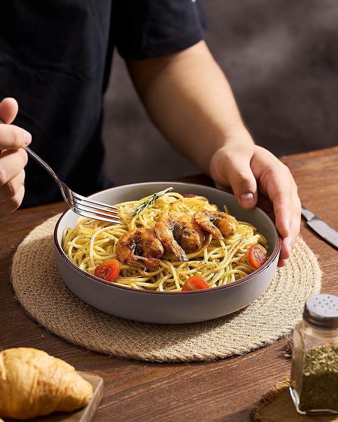 famiware Mercury Pasta Bowls Set of 4, 33 oz Large Salad Bowls, Ceramic Pasta Plates Bowls, Serving Bowls for Kitchen, Microwave & Dishwasher Safe, Dark Gray
