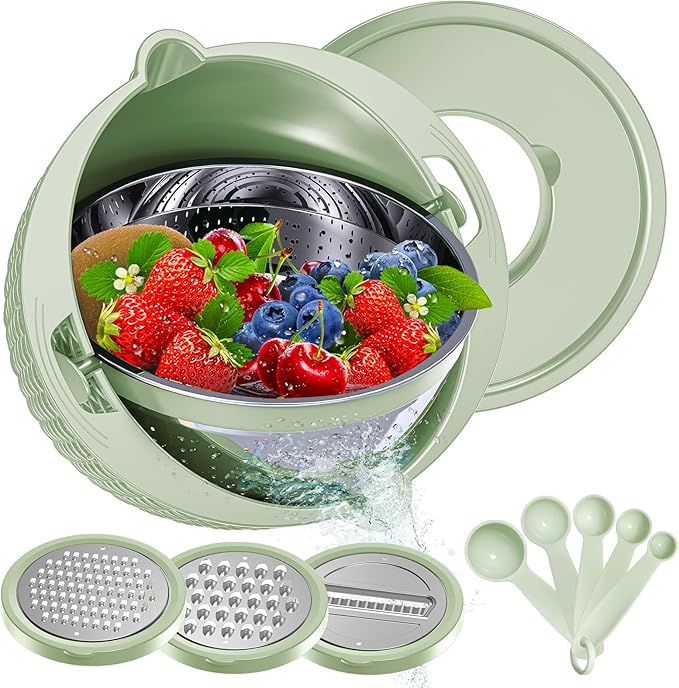 4-1 Strainer Bowl with Lid Set - Strainers and Colanders - Colanders for kitchen - Food Strainer with Graters & Spoons - Fruit Washing Bowl with Colander Pasta Rice Strainer for Veggie Wash Green