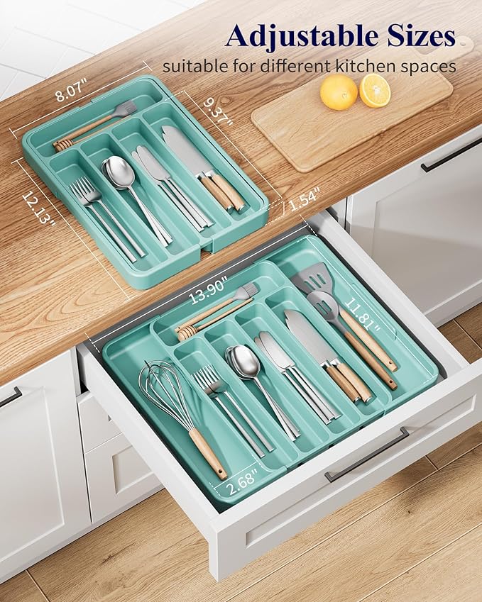 Kitsure Cutlery Drawer Organiser for Kitchen - Adjustable Cutlery Tray for Effortless Utensil Sorting, Versatile Kitchen Storage & Organisation Solution, 12.13" x 1.54" x 8.07"~13.90", Green