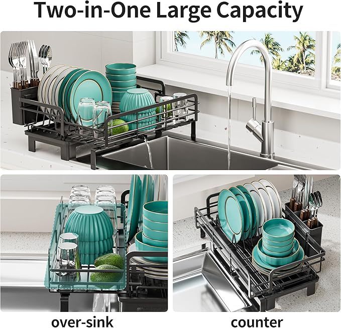 Small Dish Drying Rack - Extendable Dish Rack for Kitchen Counter, Rustproof Dish Drainers with Utensil Holder, Perfect for Apartments, RVs and Small Spaces,16.5" D x 7.5"-12.5" W x 6.5" H