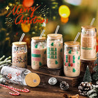 6 Pcs Christmas Glasses 16 oz Xmas Glass Cups with Lid and Straw Can Shaped Beer Tumbler Christmas Appreciation Gifts for Women Teenager Birthday Party Favor