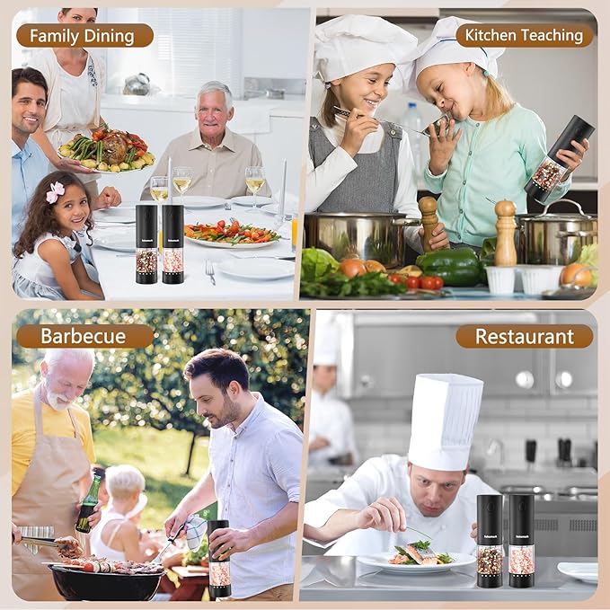 Electric Black Salt and Pepper Set with base, Rechargeable 6 External Adjustable Coarseness Automatic Pepper Mill Shakers, 95ml Large Capacity, One-Handed Operation 2 Pack