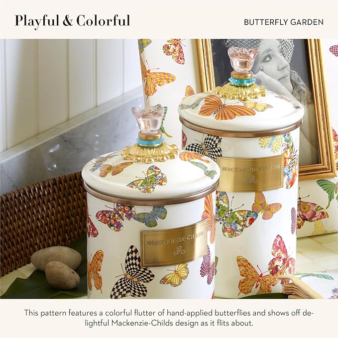 MACKENZIE-CHILDS Butterfly Garden Enamel Canister, Pretty Kitchen Storage Container with Lid, Medium
