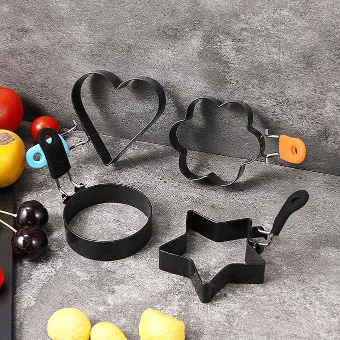 4 Pack Egg Poachers Rings, Stainless Steel Egg Cooking Rings, Round Pancake Mold for Frying Eggs, Omelet and Muffins, Non-stick Fried Egg Mold Ring, 4 Shapes