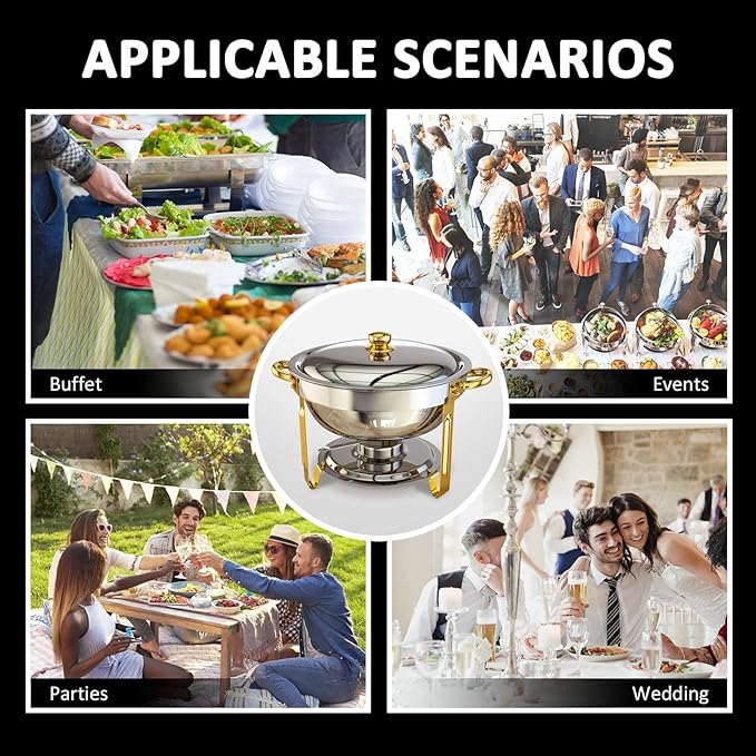 Chafing Dishes for Buffet, 6 Pack 5QT Round Chafing Dish Buffet Set [Elegant Gold and Silver Colors] Stainless Steel Buffet Servers and Warmers for Catering Events Parties Dinners with Complete Set