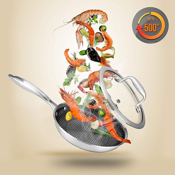 NutriChef 8" Stainless Steel Frying Pan - Triply Kitchenware Stir Fry Pan Kitchen Cookware w/DAKIN Etching Non-Stick Coating, Scratch-resistant Raised-up Honeycomb Fire Textured Pattern - NC3PL8