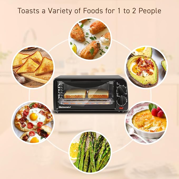Elite Gourmet ETO236 Personal Compact 2 Slice Countertop Toaster Oven with 15 Minute Timer & Adjustable Temperature, Bake, Broil, & Toast, Black