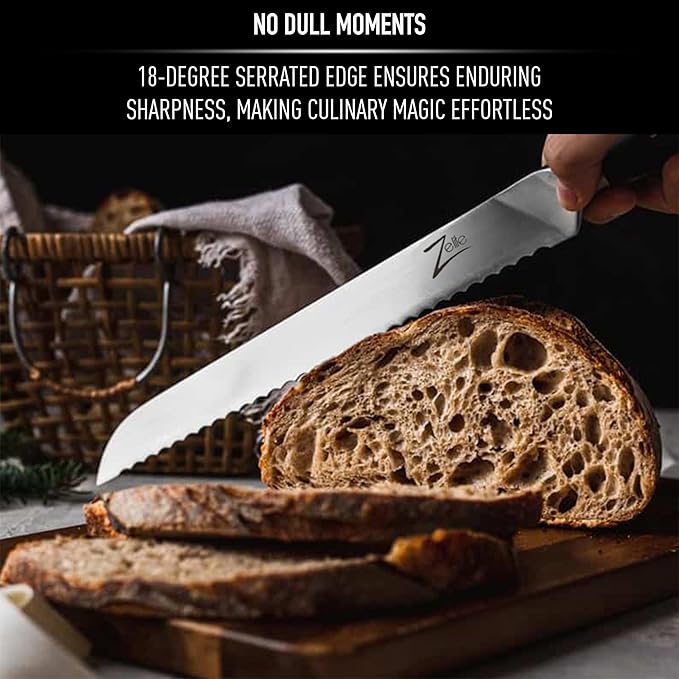 Zelite Infinity 10 Inch Serrated Bread Knife for Homemade Bread — Razor Sharp German High Carbon Stainless Steel Bread Cutting Knife for Sourdough Bread; Ergonomic Handle - Luxurious Gift Box