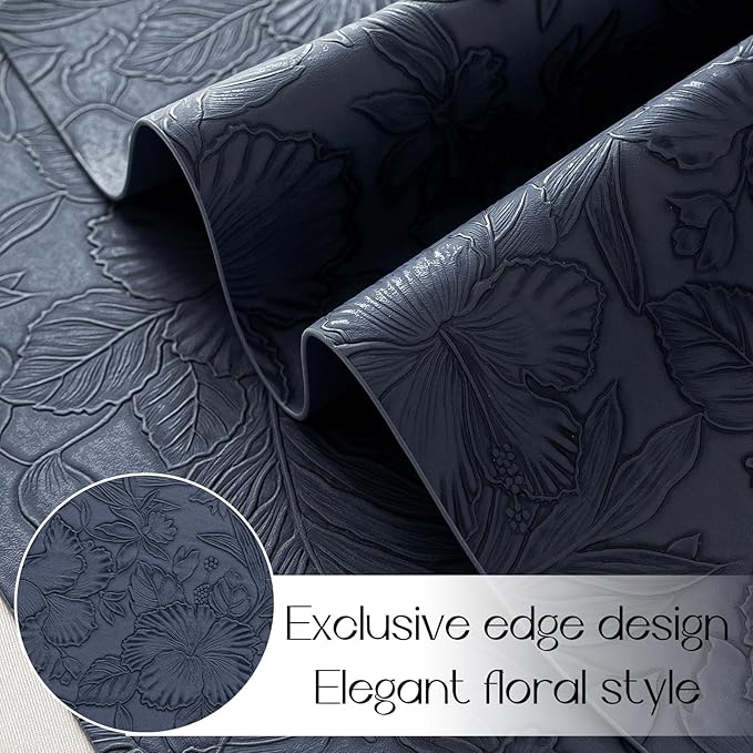 Romanstile Vinyl Placemats Set of 8-12 X 18 Inch - Heat Resistant Non-Slip Embossed Floral Place Mats 100% Waterproof Oilproof Wipeable Faux Leather Table Mats for Kitchen/Dining/Party, Navy Blue