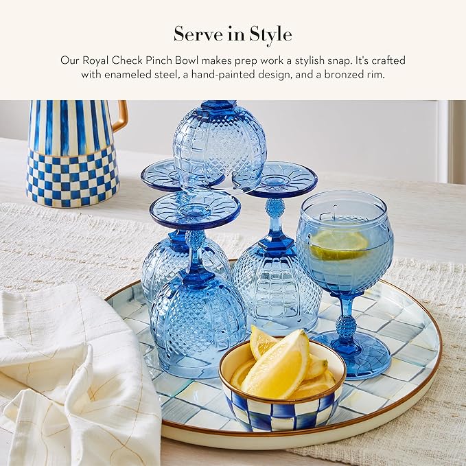 MACKENZIE-CHILDS Enamel Pinch Bowl, Small Bowl for Kitchen Ingredients, 1.5-Cup Capacity, Blue-and-White Royal Check