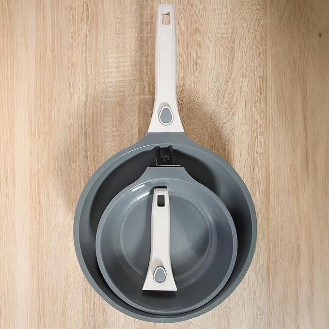 Sur La Table Kitchen Essentials Craft Studio Cast Aluminum Detachable Handle 8 and 10 Inch Skillet Fry Pan Set w/PFA Free Ceramic Non Stick Removable Handle Induction Safe - Eggshell White