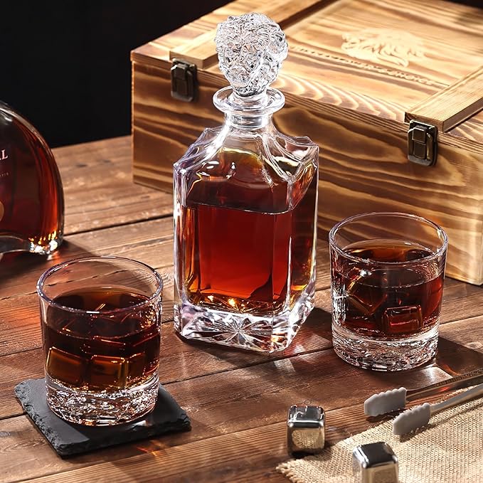 Whiskey Decanter Set with Wooden Box Artistic 25.4 oz Decanter + 2x10 oz Glasses | 304 Stainless Steel Whiskey Stones, Slate Coasters, Tongs & Pouch | Gift for Men, Husband, Dad, Weddings