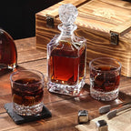 Whiskey Decanter Set with Wooden Box Artistic 25.4 oz Decanter + 2x10 oz Glasses | 304 Stainless Steel Whiskey Stones, Slate Coasters, Tongs & Pouch | Gift for Men, Husband, Dad, Weddings