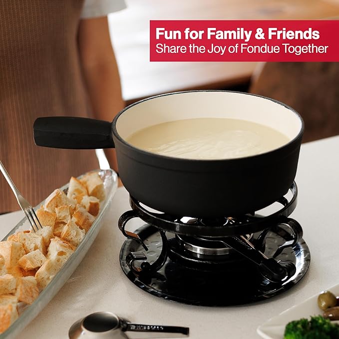 Swissmar Lugano Cast Iron Cheese Fondue Set, 9-Piece, 2 QT / 2 L - Ideal for Melting Cheese, Chocolates, Caramel, & More - Perfect for Kitchen Collection & Gift Giving - Matte Black