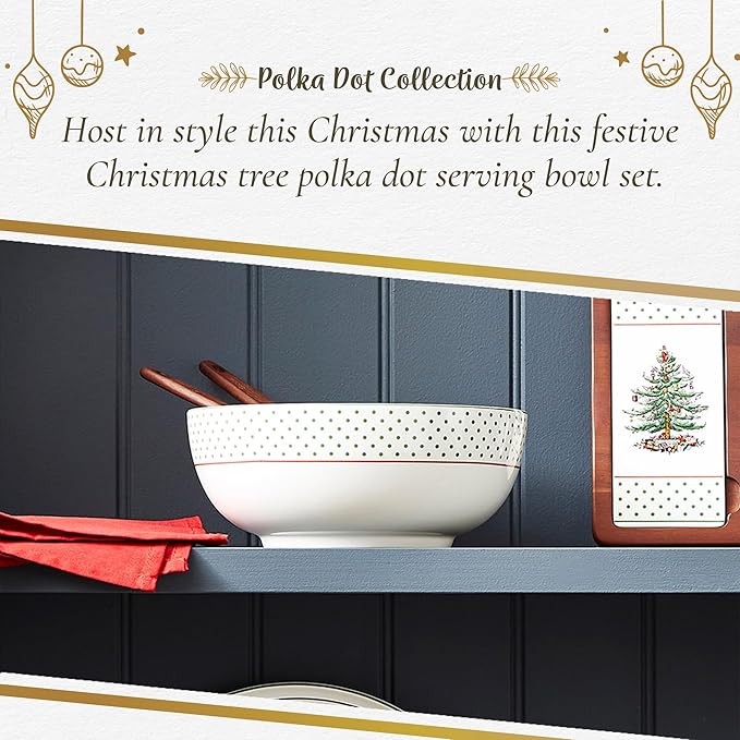 Spode Christmas Tree 10" Serving Bowl & Wooden Servers, Polka Dot - Ceramic Serving Bowls & Party Bowls for Holiday Celebrations - Salad Bowls and Soup Bowls for Dining - Christmas Table Setting