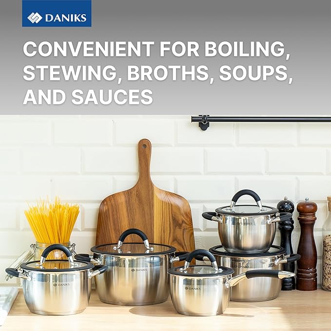 Daniks Orlando 11-Piece Stainless Steel Induction Cookware Set – Dishwasher Safe Saucepan, Frying Pan, Pots with Heatproof Handles, Glass Lids, Measuring Scale, Silver