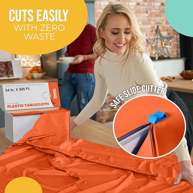 Exquisite Party Solids 54 Inch X 300 Feet Orange Plastic Table Cover Roll in A Cut - to - Size Box with Convenient Slide Cutter. Cuts Up to 36 Rectangle 8 Feet Plastic Disposable Tablecloths