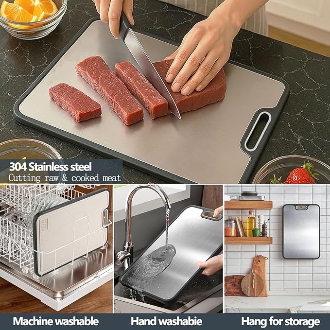 Stainless Steel Cutting Boards for Kitchen,Cutting Board Double sided,Stainless and Wheat Straw Food-Grade Kitchen Chopping Board,Anti Slip Easy to Clean,Healthy Kitchen Gadgets (16x11 In)