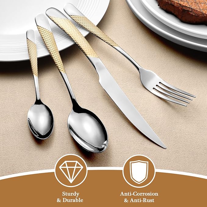 16 Piece Gold Hammered Silverware Set for 4, Premium Food-grade Stainless Steel Flatware Set, Luxury Design & Mirror Polished Cutlery Set, Eating Utensil Set with Fork Knife Spoon, Dishwasher Safe