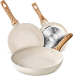 MICHELANGELO Granite Frying Pans, 8 Inch, 9.5 Inch and 11 Inch Nonstick Frying Pan Set with Anti-Scald Handle, White