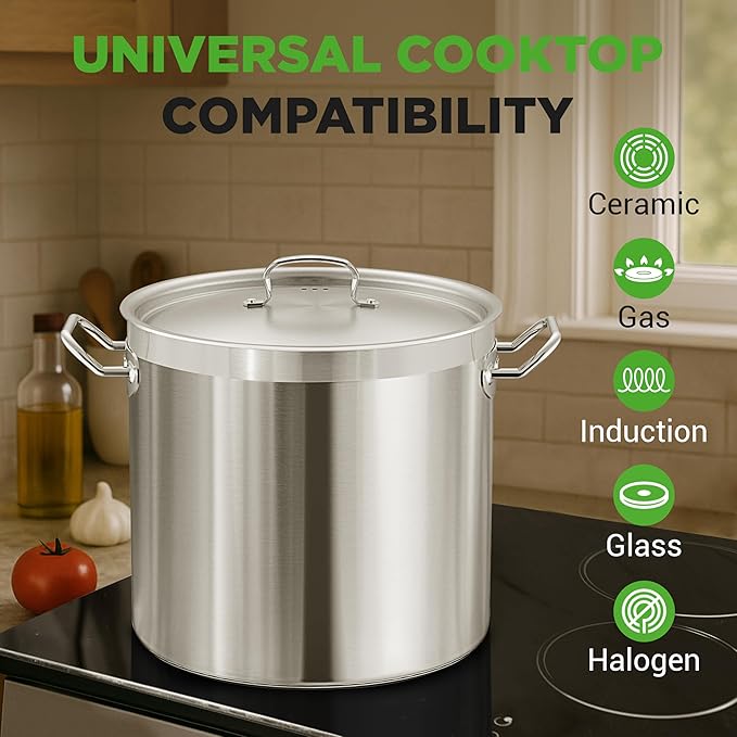 Nutrichef Stainless Steel Cookware Stockpot, 35 Quart Heavy Duty Induction Soup Pot With Stainless Steel Lid And Strong Riveted Handles, Even Heat Distribution, Compatible With Most Cooktops