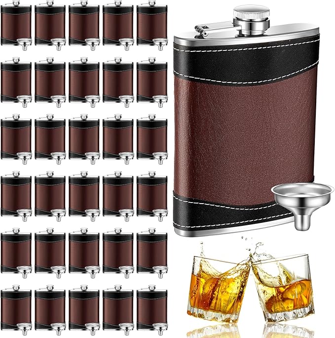 Rtteri 30 Set 8 oz Leather Hip Flasks for Liquor for Men Leak Proof Stainless Steel Drinking Flasks with Funnel Soft Wrap Whiskey Vessels for Wedding Bridesmaid Christmas Gifts (Brown)