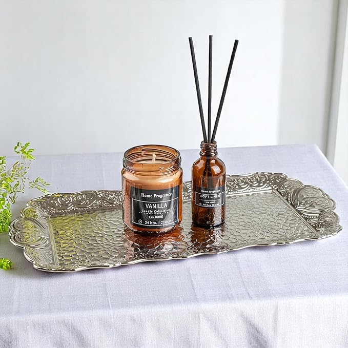 Alisveristime Small Ornate Metal Serving Tray – Ottoman Motif Decorative Tray (14.2" x 7.1", 10.8 oz) (Silver)