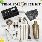 Brushed Brass Mixology Kit - 15 Piece Bar Tool Set, Silver Bar Set Cocktail Shaker Set for Drink Mixing - Includes Martini Shaker, Jigger, Strainer, Bar Mixer Spoon, Tongs, Opener | Gift Idea