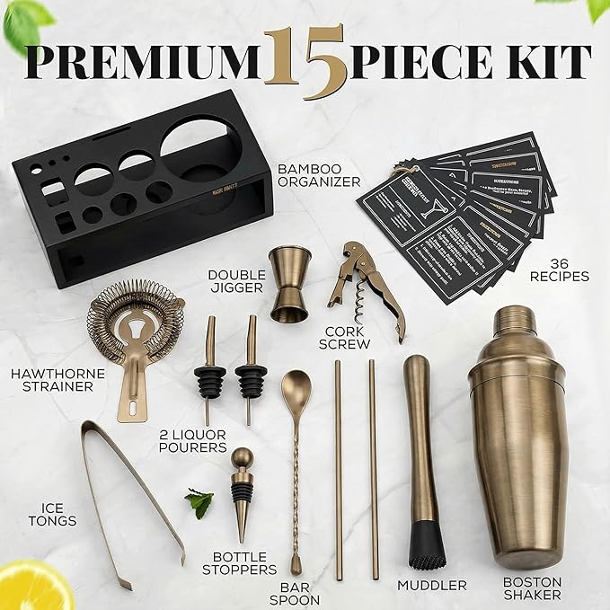 Brushed Brass Mixology Kit - 15 Piece Bar Tool Set, Silver Bar Set Cocktail Shaker Set for Drink Mixing - Includes Martini Shaker, Jigger, Strainer, Bar Mixer Spoon, Tongs, Opener | Gift Idea