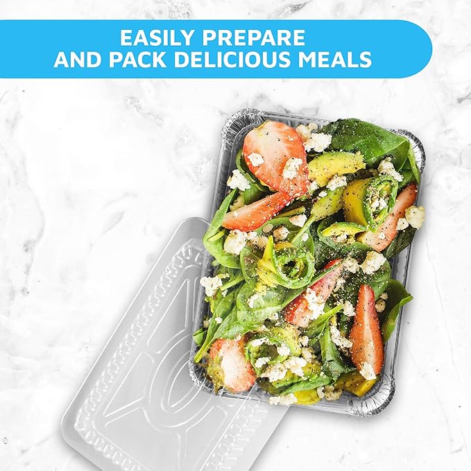 MontoPack Disposable Takeout Pans with Clear Lids | 2lb Capacity Aluminum Foil Food Drip Container with Strong Seal for Freshness & Spill Resistance | Earth, Eco-Friendly & Recyclable 100Pack 8x5.5”
