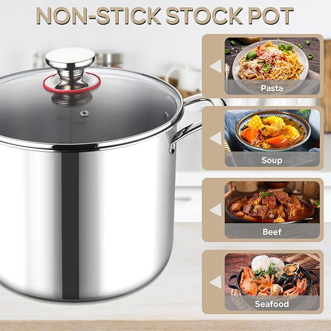 LIANYU 10 Quart Pot with Lid, 10QT Tri-Ply Heavy Duty Stock Pot, 18/10 Stainless Steel Stockpot, Canning Pasta Cooking Stockpot for Induction, Gas&Electric Cooktops, Visible Lid