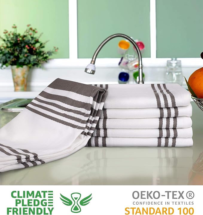 Urban Villa Kitchen Towels 100% Cotton Pack of 6, Highly Absorbent Quick Drying Super Soft Premium Dish Towel for kitchen with Hanging Loop Hand & Tea Towels - 20x30 Inch, (Dove Grey & White, Striped)