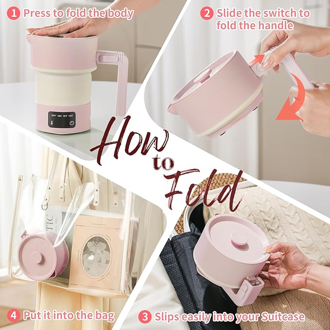 Travel Electric Kettle-Collapsible Portable Electric Kettle, 600W Foldable Small Water Boiler with 4-Temp Presets, Food Grade Silicone for Hotel, Office, Camping (Pink, 600mL)